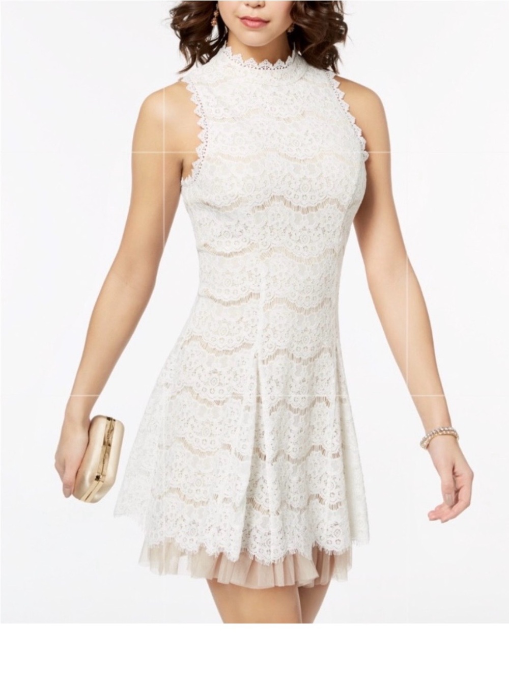 Trixxi Ivory Lace High-Neck Fit & Flare Mini Dress